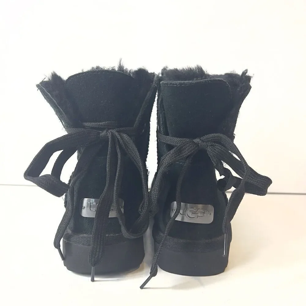UGG Short Black Suede Winter Boots Womens 6 Pull On Sherpa Lining Comfort Casual